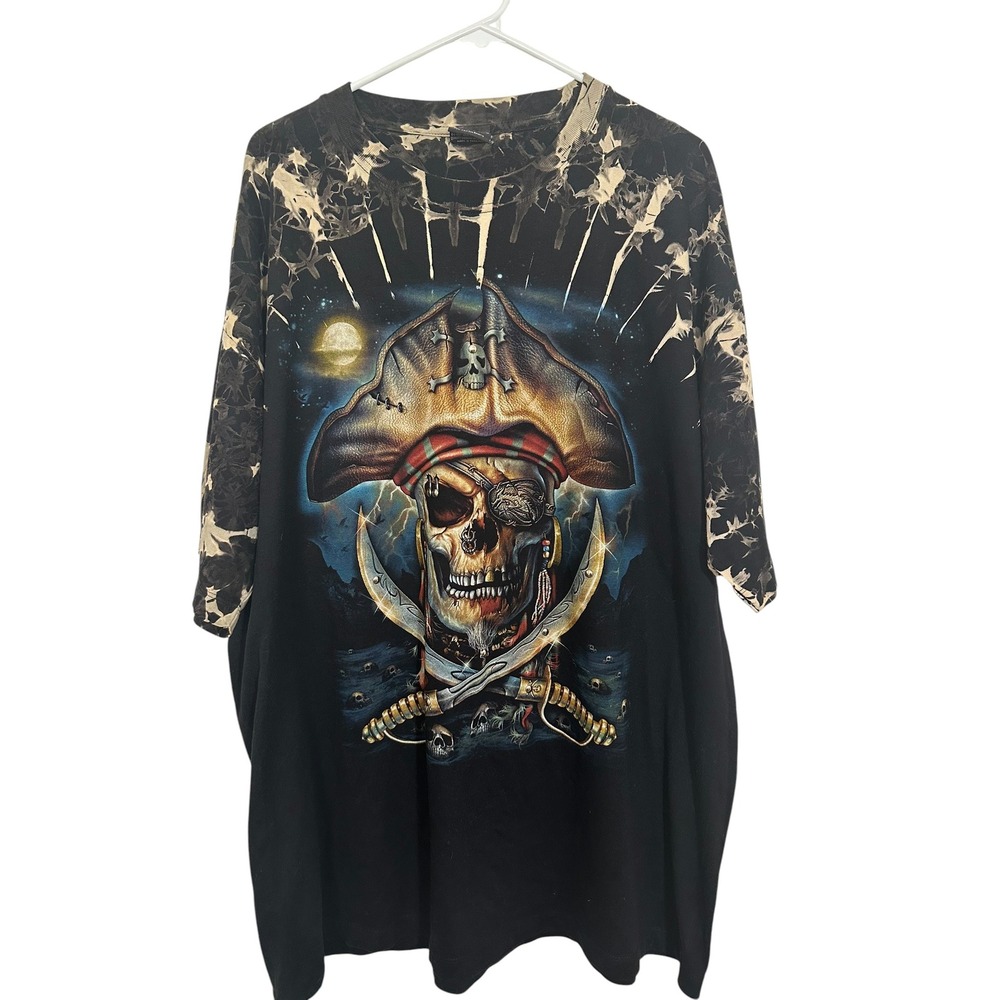 Survivors Men XXL AOP Pirate Skull Graphic T-Shirt Black Bleach Wash Metal Studs